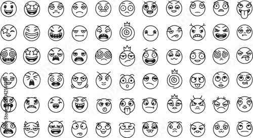 Collection of 90 unique hand-drawn outline cartoon emoji icons, showcasing diverse emotions and characters