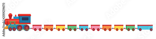Long colorful cartoon train with multiple wagons isolated on white background. Fun transportation illustration for kids, perfect for educational materials, posters, games, and nursery design.