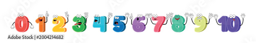 Colorful cartoon numbers from zero to ten with funny faces and hand gestures. Educational number characters for preschool learning, counting practice, flashcards, and children's math activities.