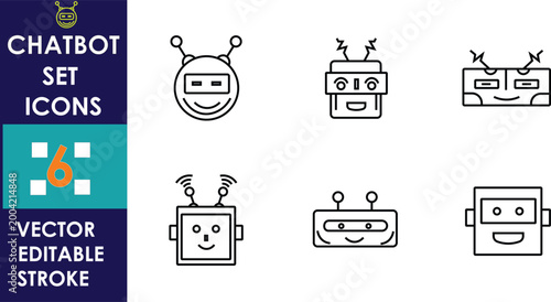 Minimal chatbot icon set featuring cute robot faces, antennas, speech elements, and square shapes, clean vector outline style suitable for apps, UI, web design