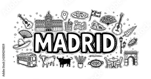 Madrid icons: exploring spanish culture with architecture, music, and cuisine in black and white