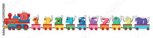Colorful cartoon number train with digits from zero to ten. Fun educational illustration for preschool children featuring smiling numbers, wagons, and counting hand gestures.