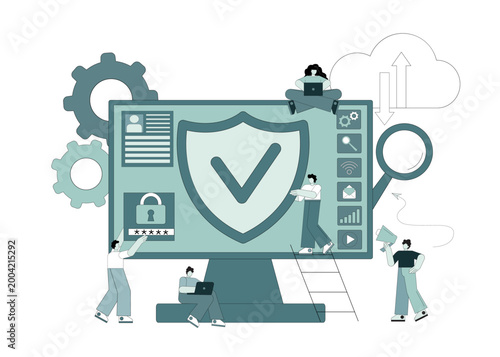 Computer data protection. Cyber security. Coding. People protect their data, personal information.eps