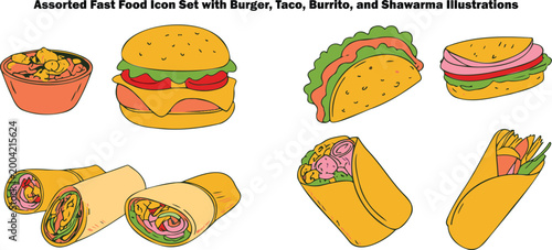 Comprehensive collection of diverse fast food icons featuring a classic burger taco burrito and delicious shawarma