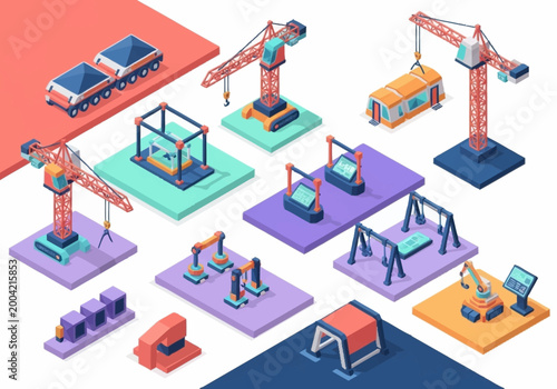 Quadro em tela Isometric illustration of construction site elements including cranes, robotic arms, and modular buildings