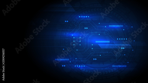 Modern circuit board design with glowing blue electronic components and pathways on dark gradient background