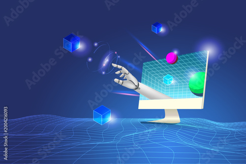 Futuristic robotic hand interacting with virtual cubes and a computer screen displaying digital interface elements
