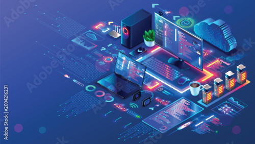 Modern digital infrastructure illustration showcasing interconnected technology devices and cloud computing network elements