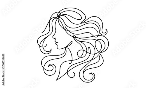 Continuous single line drawing of a beautiful woman face with long flowing hair Vector line art