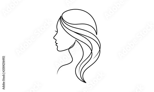 Minimalist continuous line drawing of a woman profile with long flowing hair Vector line art