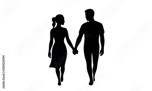 Silhouette of a happy young couple holding hands and walking together Vector line art