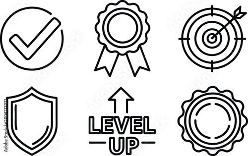 Black and white icons for achievement and progress isolated on transparent background