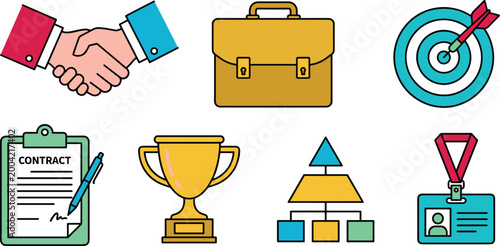 Business and Achievement Vector Set with Handshake, Contract, Trophy, Briefcase, Target, and Award Medal for Success, Corporate, and Motivation Designs