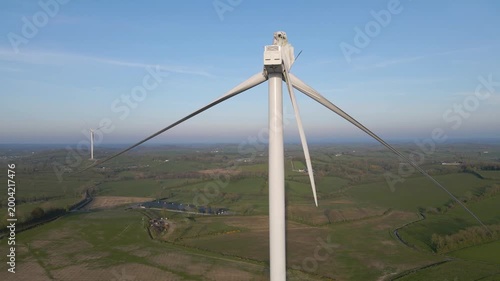 Drone footage of severely broken damaged blade wind turbine