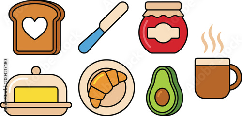 Breakfast Vector Set with Heart-Shaped Toast, Butter, Jam, Croissant, Avocado, Coffee, and Knife for Culinary, Food, and Morning Meal Designs