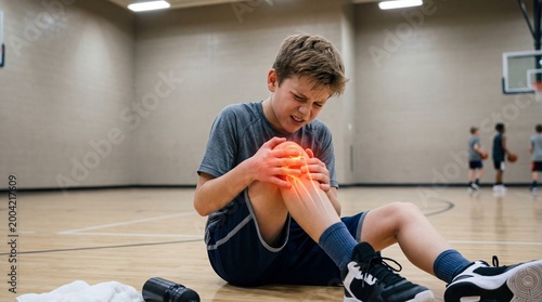 Boy athlete sitting on basketball court floor holding painful knee. Child suffering from sports injury with digital visualization of joint ache. Healthcare and medical trauma concept.