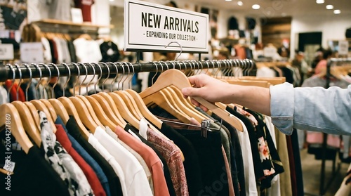 New arrivals section of a clothing store showcasing a hand browsing through the racks of apparel and fashion items