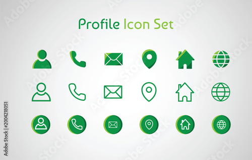 Modern Flat Design Profile Icon Set Featuring Person Contact Email Location Home Globe Symbols in Green and White Color Scheme