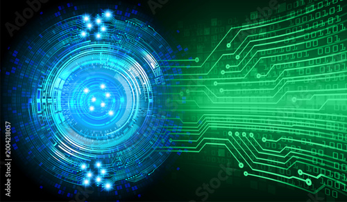 Modern futuristic digital circuit board with glowing blue circular connection node technology illustration