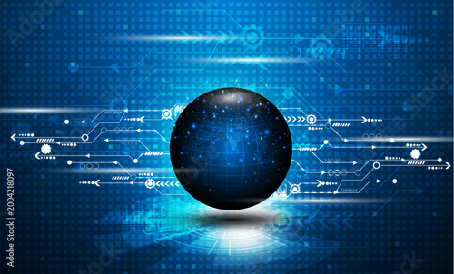 Modern futuristic digital globe surrounded by interconnected circuit board technology network design elements