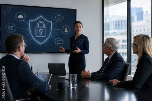Confident professional woman presenting cybersecurity strategy in modern boardroom with digital shield graphic on screen, corporate meeting discussing tech protection and data safety concepts