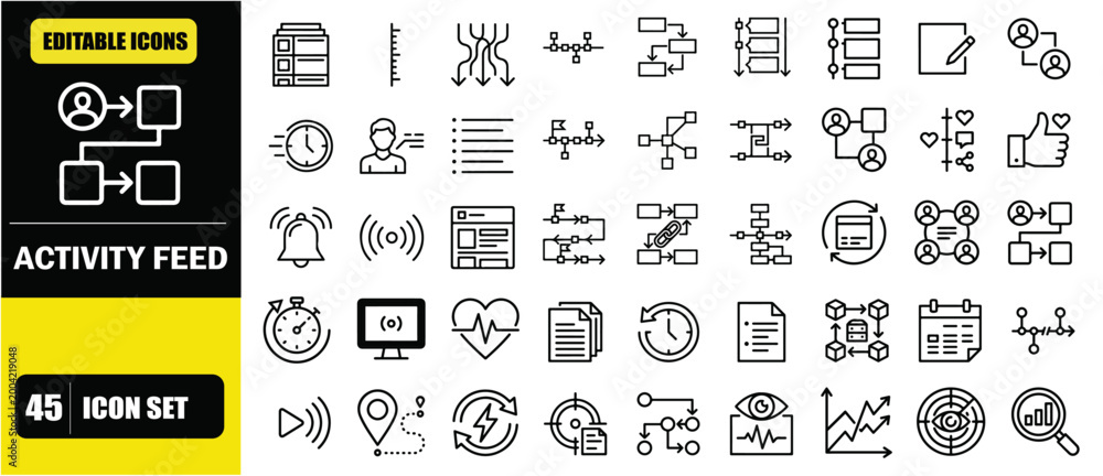 Fototapeta premium Activity Feed Icon Set – User Activity Stream, Timeline Updates, Social Feed, System Logs and Real Time Activity Tracking Line Icons – Thin Line Editable Stroke Vector Illustration for UI UX, Web and 