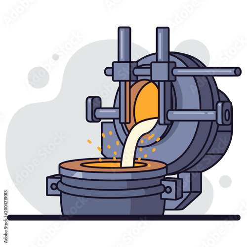 Foundry pouring molten metal into mold in industrial workshop. non editable strokes