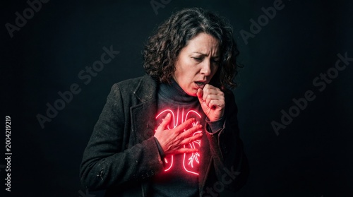 Woman coughing and holding her chest with a highlighted neon lung illustration. Medical health concept representing respiratory illness, lung infection, asthma, or breath difficulty symptoms.
