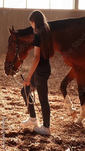 Teenage girl leading her horse horse bridle in indoor arena during training. Concept of trust, animal bonding and equestrian lifestyle, responsibility and passion for animals.