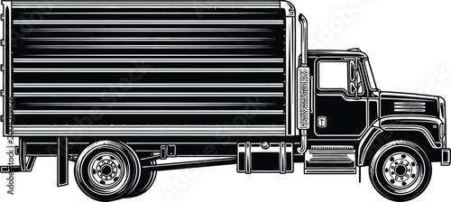 Detailed woodcut style illustration of a black delivery box truck side view.