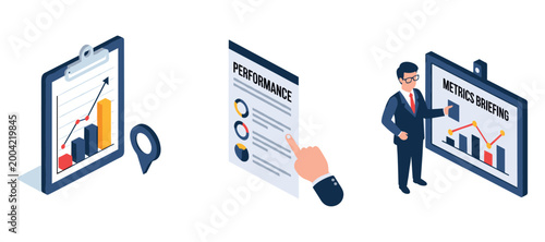 Business metrics graphics presenting performance data in layout