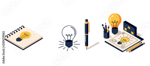 Light bulb concept sketches with pen pencil and design tools on white