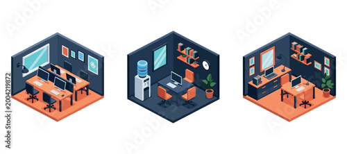 Office workstations arranged with monitors in isometric interior