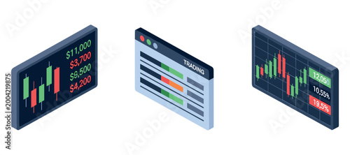 Trading dashboard displaying candle stick charts on screens