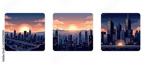 City skyline panels glowing at sunset in urban backdrop