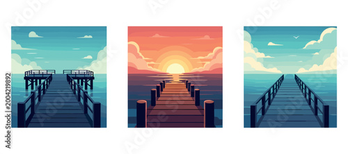 Wooden piers extending over calm sea during sunrise and daylight