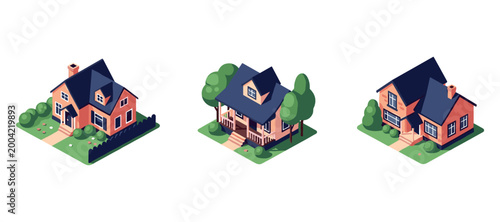 Residential houses arranged in isometric view on white background