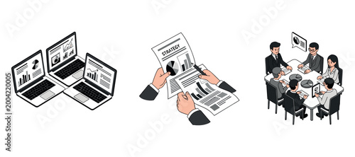 Business analytics laptops and meeting with strategy documents