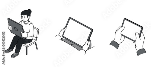 Person and hands holding tablet devices in various poses on white background