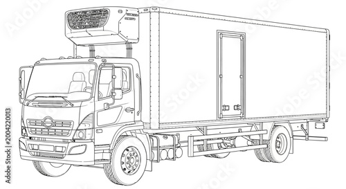 Detailed line drawing of a refrigerated truck, showcasing its exterior components and structure.