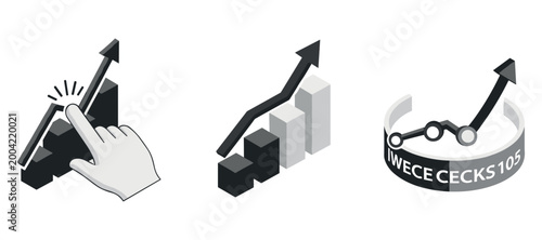 Ascending arrows and bar charts indicating growth in analytics