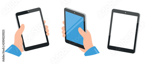 Hands holding tablet device showing touchscreen interface indoors