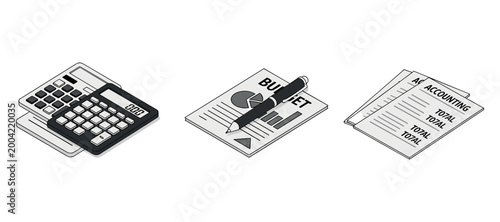 Calculator and budget documents alongside accounting ledger elements
