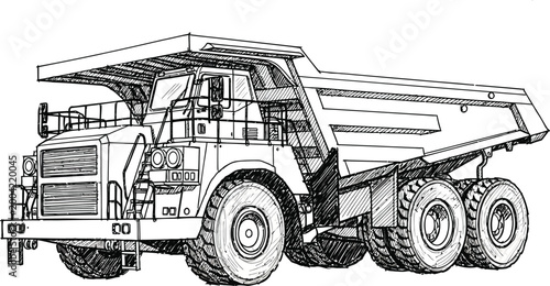 Large industrial mining haul truck line drawing illustration.
