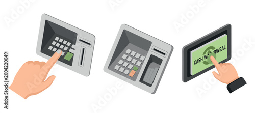 Hand operating atm keypad and touchscreen in banking interface