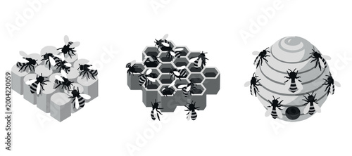 Bees clustering on hexagonal honeycomb and spherical hive structures
