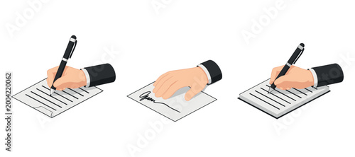 Hands signing papers and stamping signature on white background
