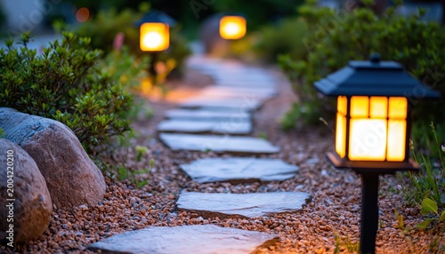A serene garden pathway with stone steps and glowing lanterns lighting the way at dusk.