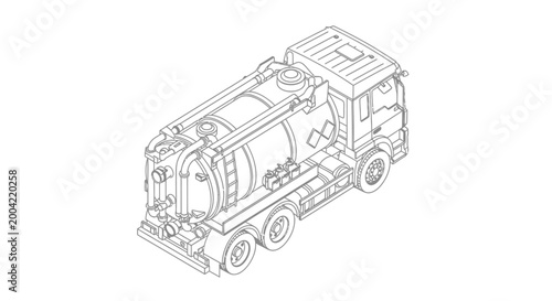 Isometric line drawing of a modern tanker truck designed for liquid transport, showcasing its detailed chassis and tank structure.