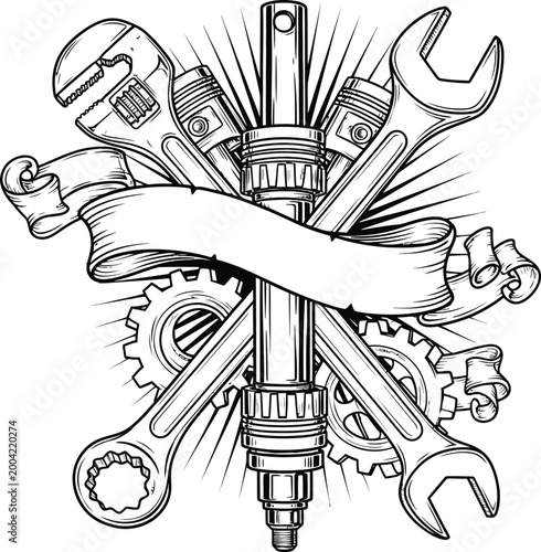 Mechanical Tools Crest with Spark Plug Pistons Gears and Blank Ribbon Banner Illustration.